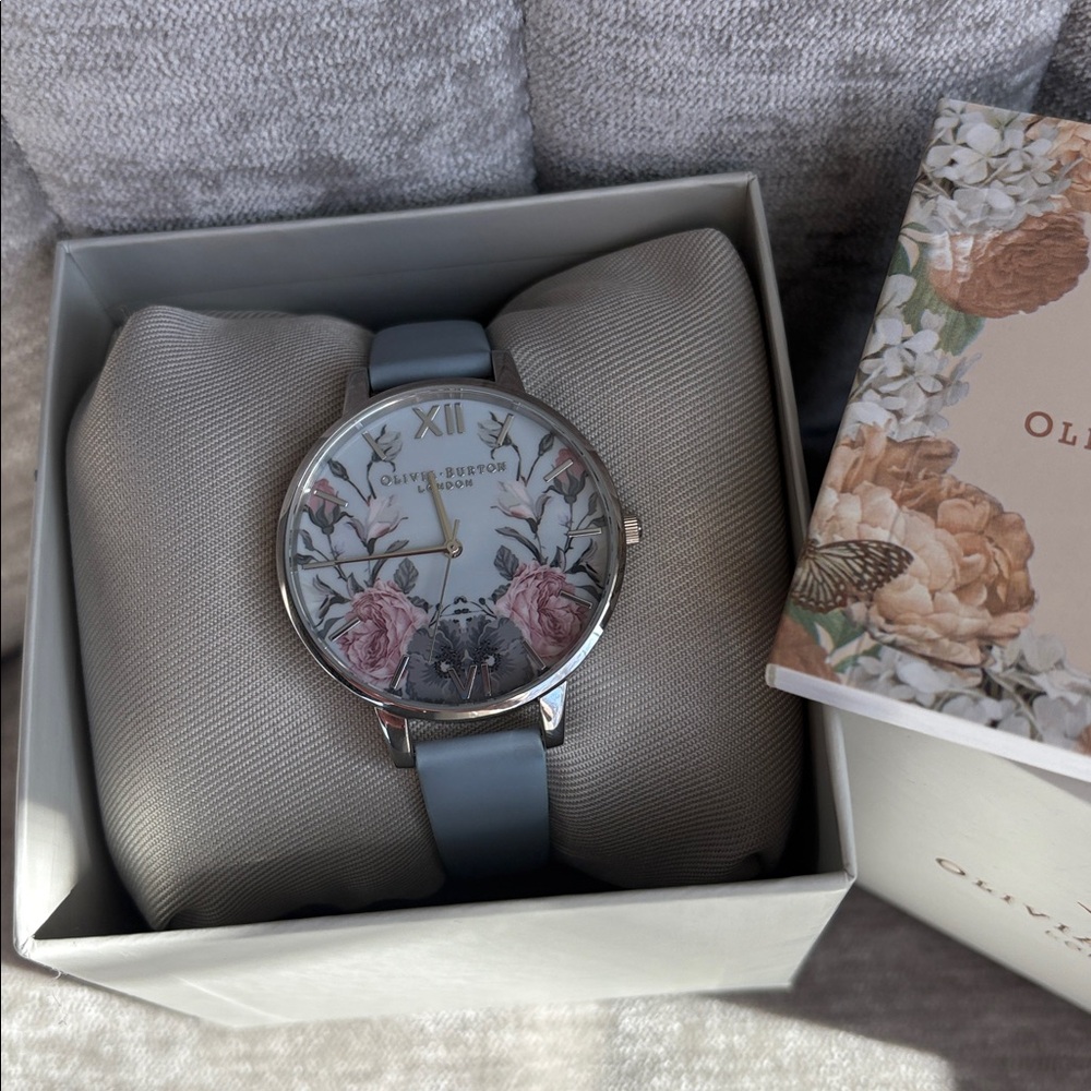 Olivia Burton Floral Watch - Silver/Light Blue Leather Strap